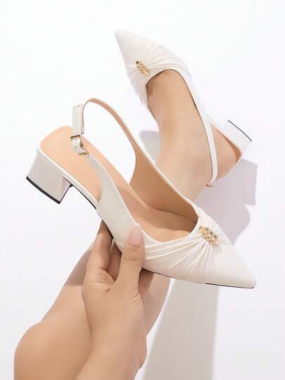 Women's White Satin Faux Leather Slingback Pumps With Ruched Metal Chain Decor, Pointed Toe, Square Mid-Heel, Elegant Style, Suitable For Wedding, Office, Party, Daily Wear, All Season
