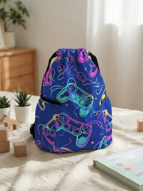 1pc Drawstring Backpack, Multi-Scenario Universal, Extra Large Capacity, Ultra-Lightweight & Portable, Durable, Foldable Storage Bag, Cartoon Game Console Print Pattern Drawstring Fitness Sports Backpack, Dust-Proof Storage, Suitable For Outdoor Travel, Fitness, Daily Commute And School Use