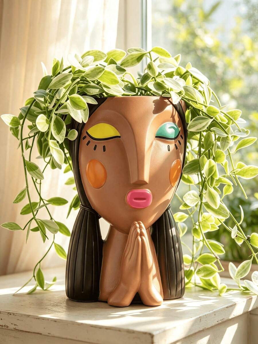 抽象波希米亞風女性面孔樹脂花盆,祈禱與休息女孩頭像花盆,創意人臉花瓶,室內/室外多肉植物盆,居家桌面裝飾擺件(無需用電) - B - 查看 1