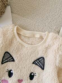 Baby Girls Autumn Clothes 2pcs Set, New Fall/Winter Fashion Versatile Cute Cartoon Cat Embroidered Coral Fleece Long Sleeve Crew Neck Sweatshirt + Plaid Pleated Skirt Set, Suitable For Outdoor Wear - Apricot - View 5
