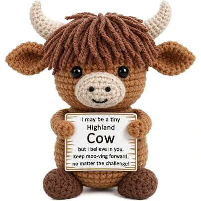 1pc Soft Hand-Crocheted Fluffy Highland Cattle Doll, With Positive Energy Message Card, Soft And Cute Healing Desktop Decoration, Warm-Hearted Encouragement Gift For Relatives And Friends, Suitable For Festivals And Daily Gifts.