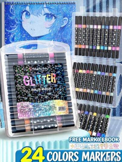 24 Colors Dual-Tip Glitter Pens, Quick-Drying Gel Ink, Fine Tip, Suitable For Bullet Journaling, Card Making, Diary, Etc.; 24 Colors Dual-Tip Art Pens, Suitable For Artists And Coloring, Applicable For Watercolor Painting, Doodling, Fine Tip Suitable For DIY Photo Album, Black Cardstock, Collage