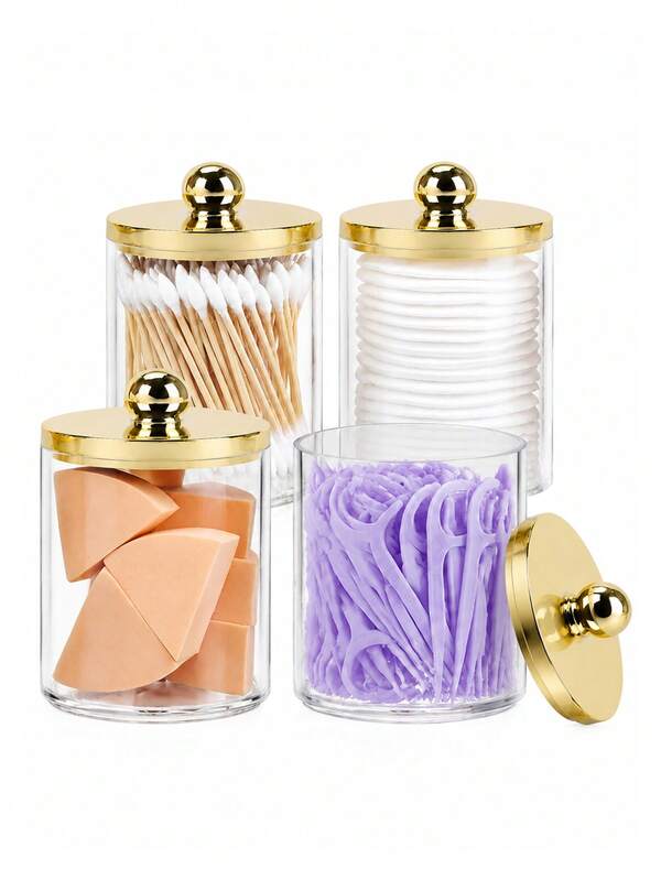 Cotton Swab Storage Dispenser - 10oz Clear Apothecary Jars, Bathroom Vanity Organizer Set, Suitable For Cotton Swabs, Cotton Pads, Floss Picks, Cosmetic Storage Small Containers (4pcs)