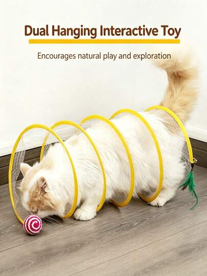 Túnel de malla plegable para gatos con ratón de peluche y pelota con cascabel, túnel de juego interactivo en forma de S colapsable para gatos, juguete de ejercicio de caza para gatitos de interior (ratas y plumas en colores aleatorios)