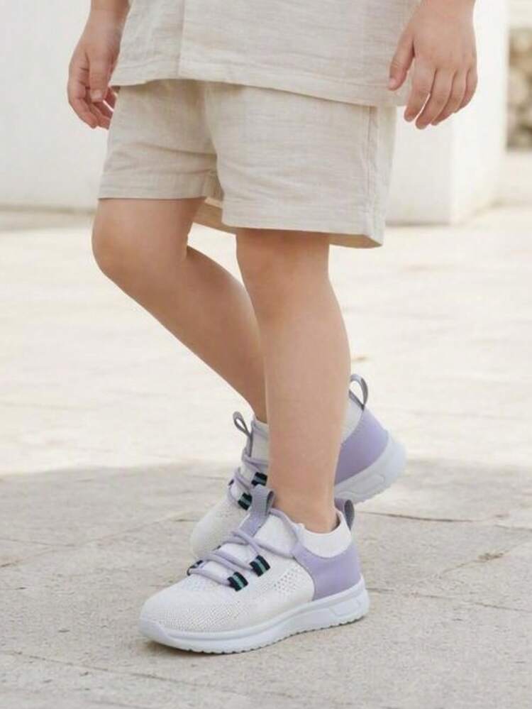 1 Pair 2026 New Kids Mesh Breathable Sports Shoes, Color Block Design, Elastic Laces For Easy On/Off, Sock-Like Ankle Fit, Lightweight Thick Sole, Suitable For Daily Wear And Outdoor Play - Purple - View 7