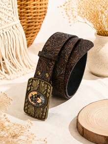 1pc Western Style Frog Pattern Unique Vintage Floral Print Women's Belt, Suitable For Jeans, Music Festival Daily Wear - Frog Buckle Brown - View 11