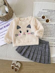 Baby Girls Autumn Clothes 2pcs Set, New Fall/Winter Fashion Versatile Cute Cartoon Cat Embroidered Coral Fleece Long Sleeve Crew Neck Sweatshirt + Plaid Pleated Skirt Set, Suitable For Outdoor Wear - Apricot - View 3