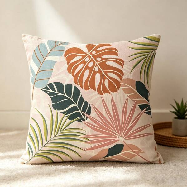 Tropical Monstera Leaf Throw Pillow Cover, Single Side Print Boho Botanical Palm Leaves Abstract Decorative Cushion Case, Soft Linen Textured Accent Pillowcase For Couch Sofa Bedroom Living Room Mid Century Modern Farmhouse Bohemian Home Decoration