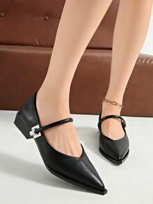 Vintage Chunky Heel Pointed Toe Mary Jane Pumps For Women, New Elegant Commuter French Style High Heels With Strap - Black - View 4