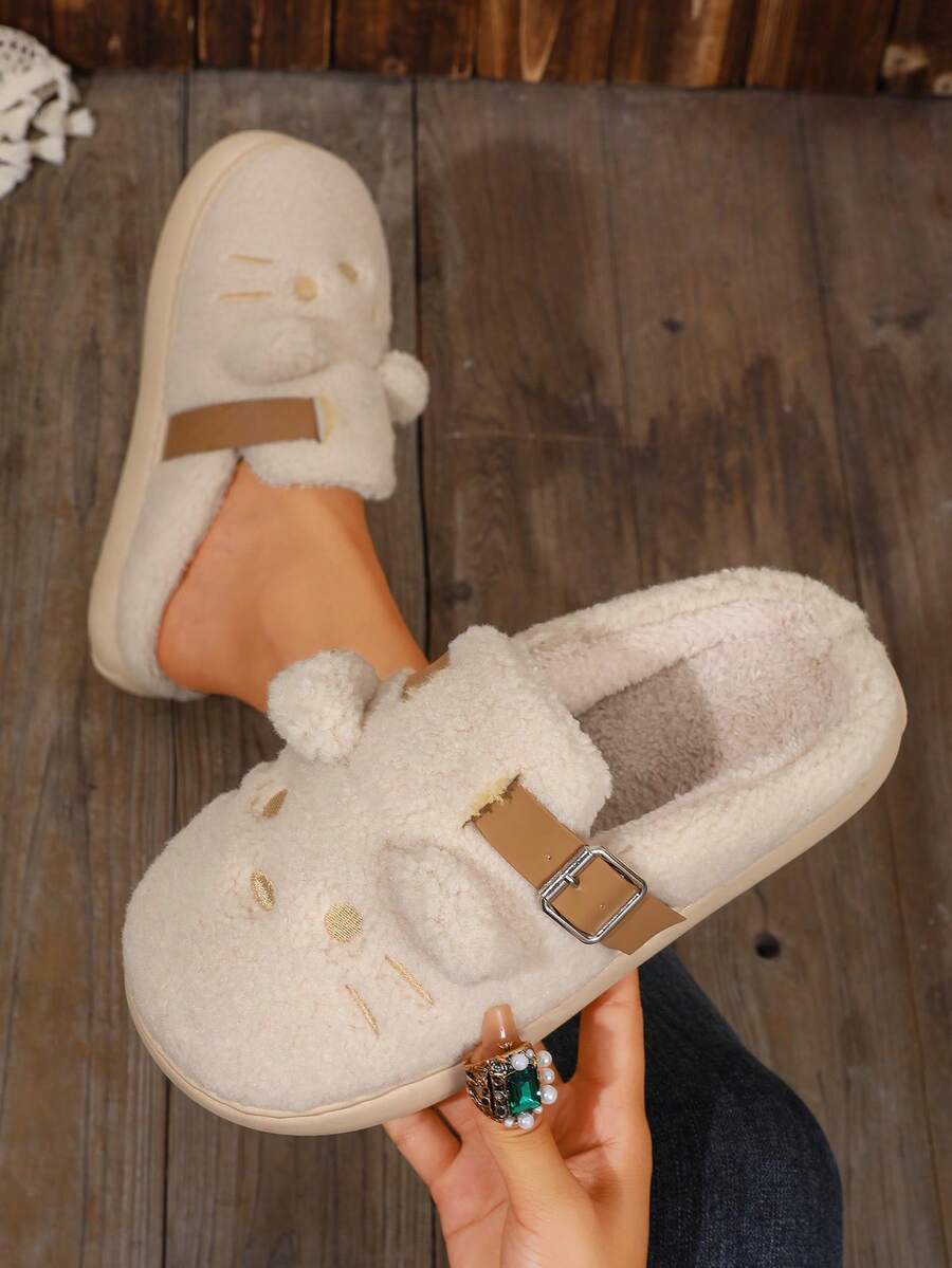 1 Pair Women Off White Cartoon Mule Slippers Buckle Decor Indoor Home Footwear - Beige - View 1
