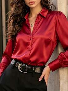 Women's Red Satin Long Sleeve Button Front Collared Shirt, Elegant Woven Fabric Blouse - Red - View 2