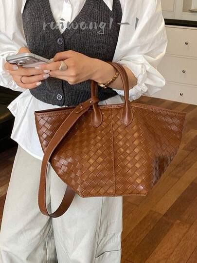 1pc Classic Hand Weave Textured Bucket Bag, Dual Top Handles Spacious Casual Shoulder Bag Available In 6 Colors For Travel Commute