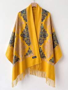 1件女款秋冬仿羊絨刺繡圍巾，加厚保暖流蘇刺繡波西米亞風旅行披肩斗篷 - 黃色 - 查看 5