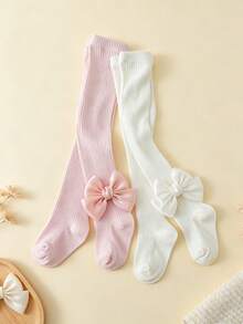 2pcs Baby Girl Knitted Tights, Cute Satin Ribbon Bow Decor, Solid Color Infant Tights, Soft Elastic Children's Leggings - Multicolor - View 4