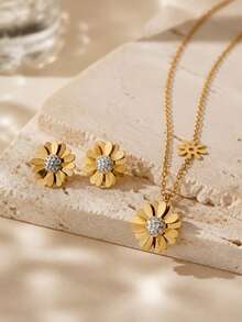 VceTd 1/2/3/4PCS Romantic Vacation Style Stainless Steel Women's Jewelry Set With Glass Inlaid Sunflower Decoration, Suitable For Women's Daily Wear Or Vacation Wear Or Holiday Gift - Yellow Gold - View 9