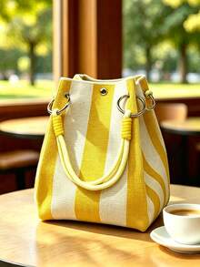 經典配色拼色波點休閒百搭藝術感水桶包，多功能日常通勤手提包，適合小眾購物與約會 - 黃色 - 查看 6