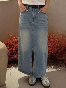 Women's Casual Vintage Washed Denim Skirt With Pockets And Buttons - Blue - View 1