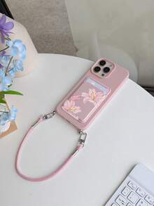 1pc Convenient Pink Leather Texture Cowhide Short Lanyard Phone Case, Easy Card Slot/Card Holder TPU Shockproof Protective Shell Compatible With Apple 11/12/13/14/15/16/17 Pro Max - Multicolor - View 1