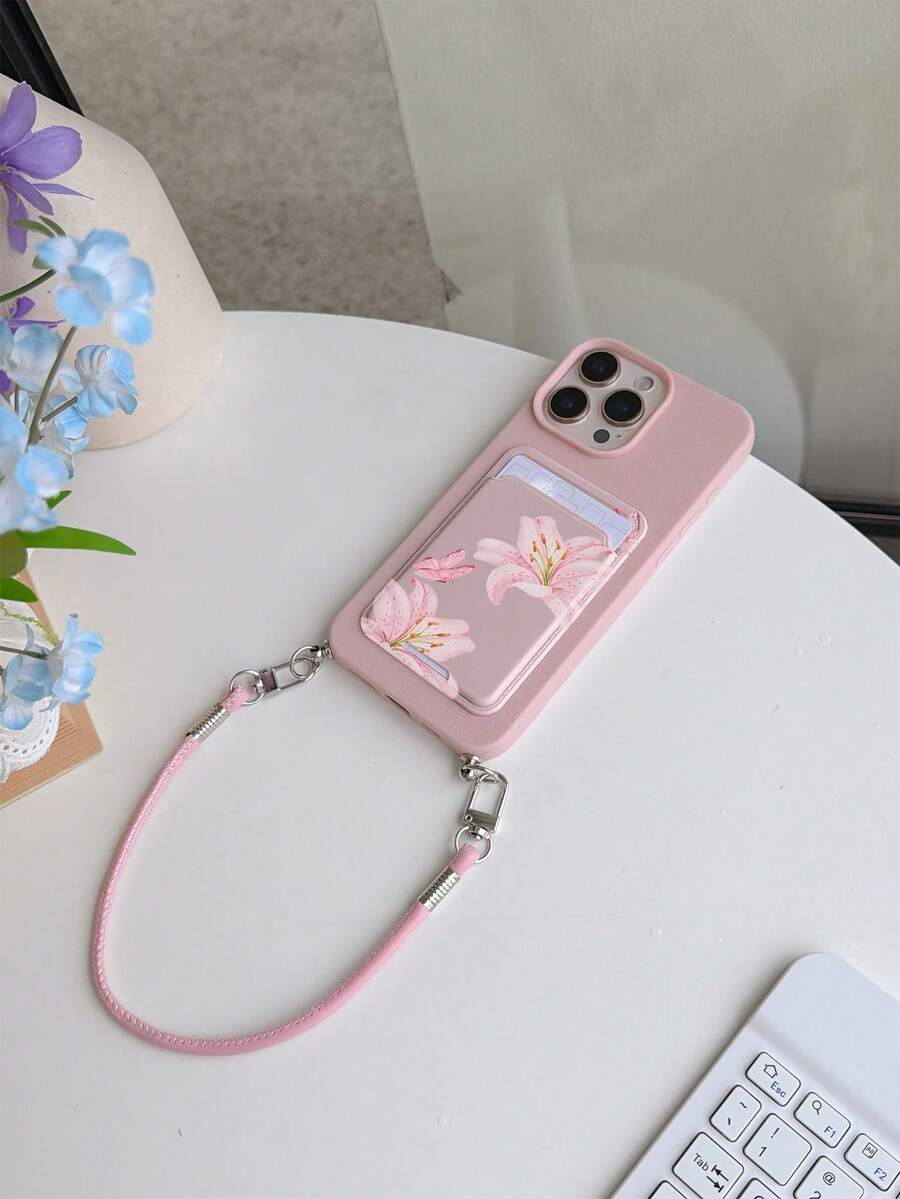 1pc Convenient Pink Leather Texture Cowhide Short Lanyard Phone Case, Easy Card Slot/Card Holder TPU Shockproof Protective Shell Compatible With Apple 11/12/13/14/15/16/17 Pro Max - Multicolor - View 1
