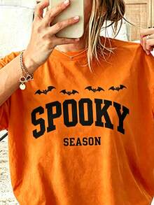 Halloween Costume Women Spooky Season Bat Print Short Sleeve Tee, Casual Fall Graphic T Shirt, Tropicoqueta Outfit Going Out Vacation Music Concert - 珊瑚橙 - 查看 1