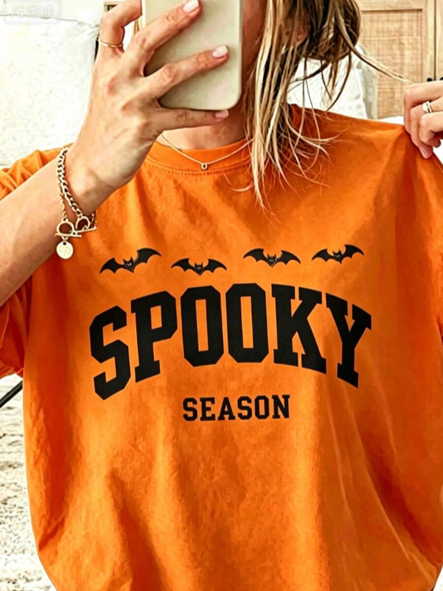 Halloween Costume Women Spooky Season Bat Print Short Sleeve Tee, Casual Fall Graphic T Shirt, Tropicoqueta Outfit Going Out Vacation Music Concert - 珊瑚橙 - 查看 1