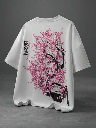 Camiseta casual de manga corta y cuello redondo holgada con estampado de degradado de flores de cerezo japonesas para hombres, camiseta gráfica de talla grande