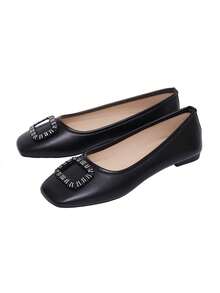 planare New Women's Popular Fashion Minimalist Solid Color Slip-On Square Toe Flat Black Loafers, Suitable For Daily Commute, Office, Evening Party And Other Occasions - Black - View 10