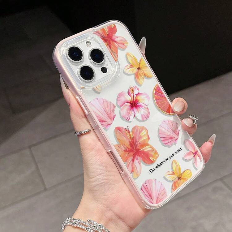 1pc Pink Butterfly & Flower Pattern New Personalized Frame 2-In-1 Transparent Full Coverage TPU Shockproof Fashion Phone Case Compatible With IPhone 11 12 13 14 15 16 17 Pro Max - Multicolor - View 2