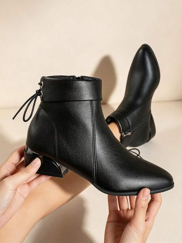 Women's Classic Black Metallic Cut-Out Low Heel Ankle Boots, Back Lace-Up Decor, Side Zipper, Commuter Versatile Fashion Ankle Boots, Autumn/Winter