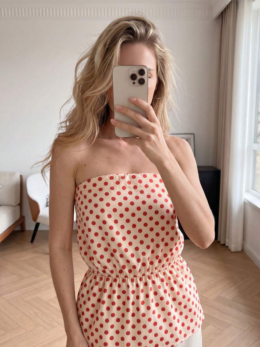 GMFP 女款夏秋休閒優雅時尚拼接圓點印花海灘度假洋裝 六月節慶假期季節 - 紅色 - 查看 1