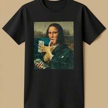 Cotton T-Shirt With Mona Lisa Print For Men And Women, Oversized T-Shirt With Meme Design, Ironic Humor, Quirky, Sarcastic And Funny For Spring And Su - Shape - View 1