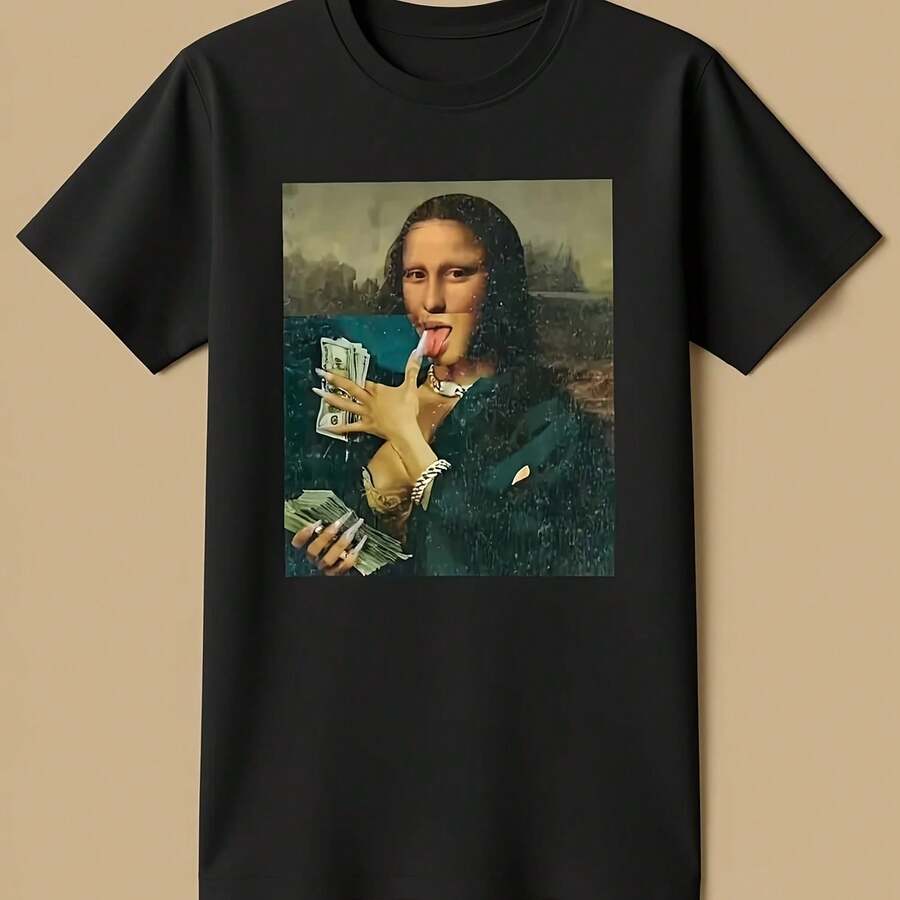 Cotton T-Shirt With Mona Lisa Print For Men And Women, Oversized T-Shirt With Meme Design, Ironic Humor, Quirky, Sarcastic And Funny For Spring And Su - Shape - View 1
