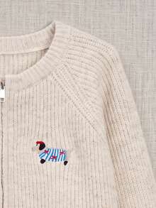 JIANHU Comfortable Knitted Zip-Up Jacket With Dog Embroidery, Soft And Fluffy, Suitable For Christmas And Holiday Wear, Casual And Warm Fall - Apricot - View 4