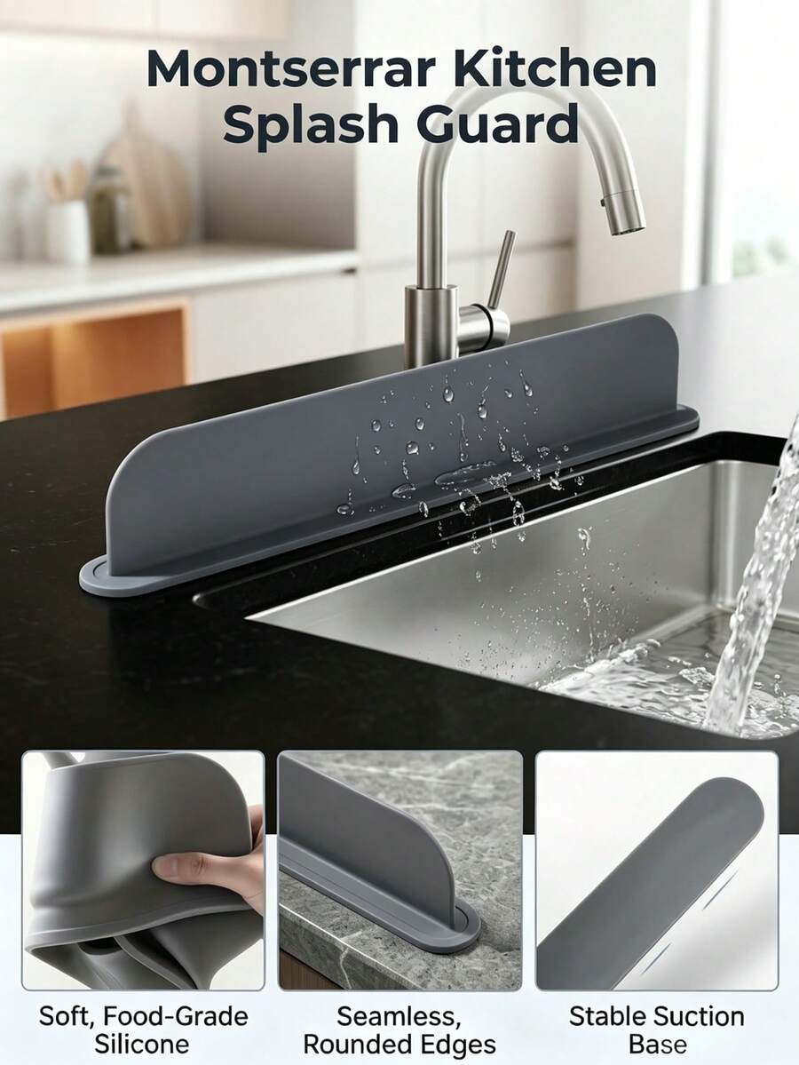 Silicone Sink Splash Guard With Suction Cups. Sink Protector, Sink Splash Guard, Kitchen Accessories, Sink Splash Guard,Splash Back For Cooker, Kitchen, A Splash Guard That Can Be Placed Behind The Sink In The Kitchen. Restaurant Sink Splash Guard. - Grey - View 1