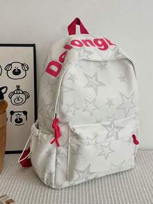 3 Piecesnylon Star Print Backpack Set, Foldable Multi-Pocket Large Capacity Zipper Backpack, Suitable For Teenagers And High School Students - Beige - View 3