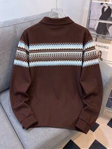 1pc Tween Boys Casual Fashion Retro Patchwork Fair Isle Print Long Sleeve Polo Sweatshirt, Spring/Autumn - Brown - View 2