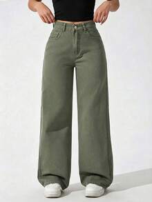 Apricot Color Straight Leg Casual Jeans For Teenage Girls - Army Green - View 1