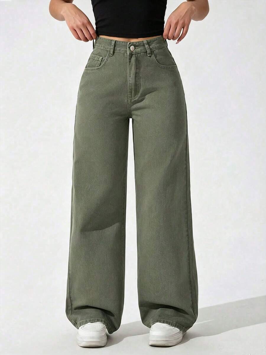 Apricot Color Straight Leg Casual Jeans For Teenage Girls - Army Green - View 1