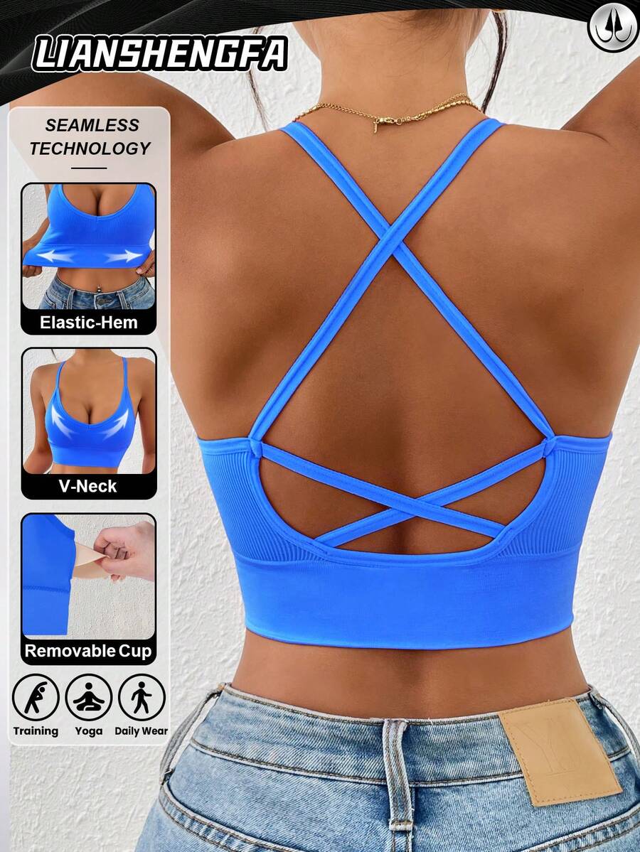 LianShengFa 1pc Backless Cross Strap High Elasticity Wireless Daily Bra, Medium Support Seamless Racerback Yoga Sports Bra, Breathable And Comfortable