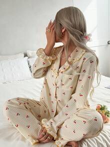 Women's Ruffle Trim Playful Elegant Loungewear Set, Cherry Striped Print Long Sleeve Pants Contrast Color Pajama Set - Gold - View 4