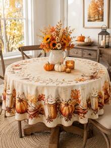 1pc Autumn Pumpkin Coffee Round Tablecloth, Polyester Circular Table Cover With Maple Leaves, Cinnamon, Latte Mug And Harvest Floral Border, Rustic Farmhouse Dining Table Decoration For Kitchen, Thanksgiving Dinner, Fall Party And Seasonal Home Decor - Multicolor - View 12