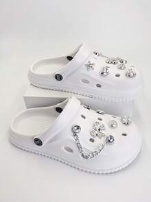 Women's Bling Rhinestone Bow Chain Decor Clogs Flat Non-Slip Closed Toe Slippers Indoor Outdoor Beach Casual Sandals - White - View 1
