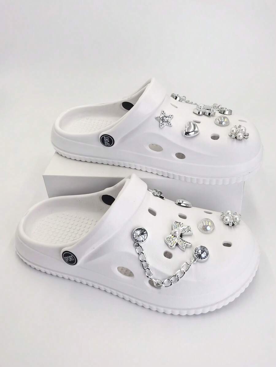Women's Bling Rhinestone Bow Chain Decor Clogs Flat Non-Slip Closed Toe Slippers Indoor Outdoor Beach Casual Sandals - White - View 1