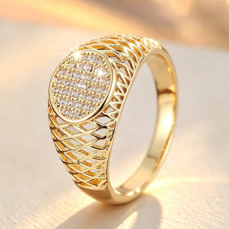 1pc Fashion Geometric Hollow Round Design Cubic Zirconia Women's Ring - Multicolor - View 1