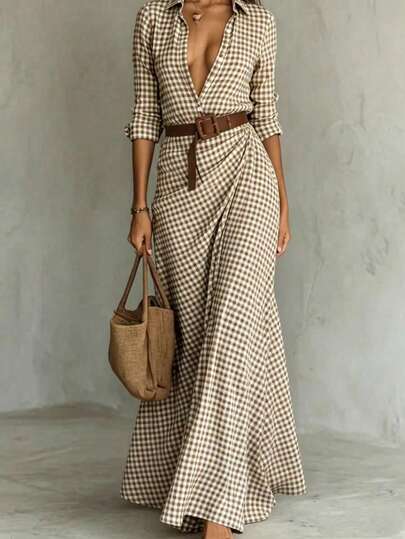 Fashion Women's Long Sleeve Button Plaid Midi Dress, Woven Fabric, Regular Hem, Suitable For Autumn Wear (No Belt Style) Brown Elegant