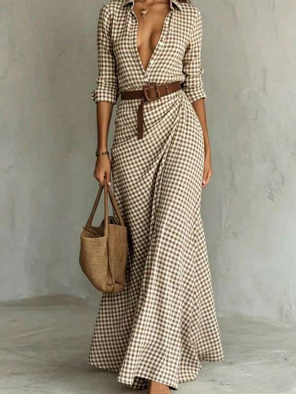 Fashion Women's Long Sleeve Button Plaid Midi Dress, Woven Fabric, Regular Hem, Suitable For Autumn Wear (No Belt Style) Brown Elegant