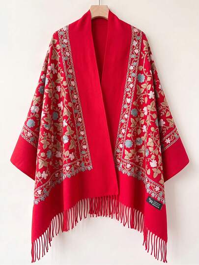 1pc Women's Autumn/Winter Faux Cashmere Embroidered Scarf, Thick Warm Shawl Cape With Tassels, Bohemian Style Travel Wrap