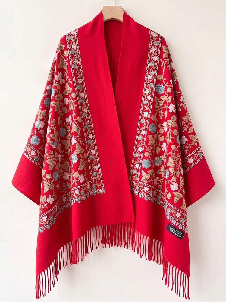 1pc Women's Autumn/Winter Faux Cashmere Embroidered Scarf, Thick Warm Shawl Cape With Tassels, Bohemian Style Travel Wrap - Red - View 1