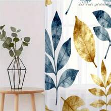 2PCS Botanical Leaf Print Sheer Curtains, Blue And Gold Leaves Pattern Window Panels, Lightweight Voile Curtains, Light Filtering Rod Pocket Drapes For Living Room Bedroom Home Decor - Multicolor - View 8
