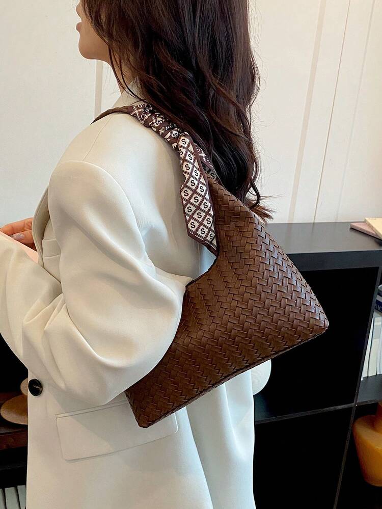 (Free Scarf) French Style Commuter Bag For Women, Cross-Border Woven Texture Underarm Bag, Scarf Design Niche Shoulder Bag, Elegant Fashion Textured Minimalist Handheld Crescent Bag (Random Scarf Color) - Coffee - View 9